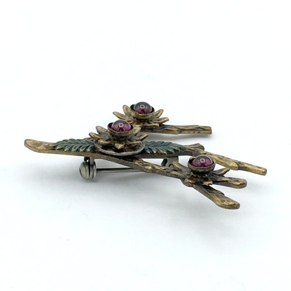 GARNET CABOCHON flower brooch - figural tree branch & leaves metal enamel pin - Picture 5 of 7